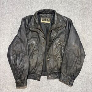 Vintage Fashion Elements Mens Black Leather Bomber Jacket Distressed Size M